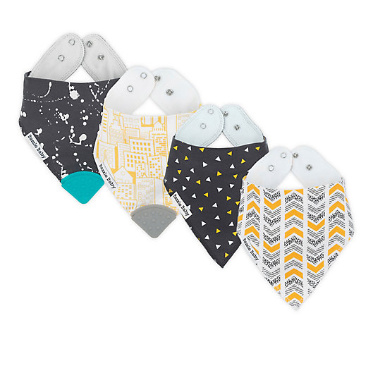 Alternate image 1 for Bazzle Baby 4-Pack All the Rage Bandana Bib with Teether in Grey/Yellow