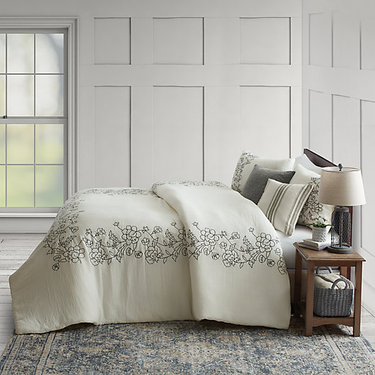 Alternate image 1 for Bee & Willow™ Home Floral Embroidery 3-Piece Full/Queen Duvet Cover Set in White/Black