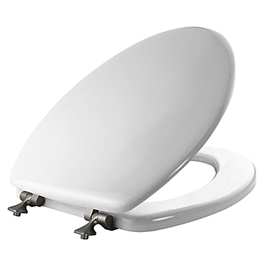 Mayfair Elongated Molded Wood Toilet Seat with Brushed-Nickel Hinge in White. View a larger version of this product image.
