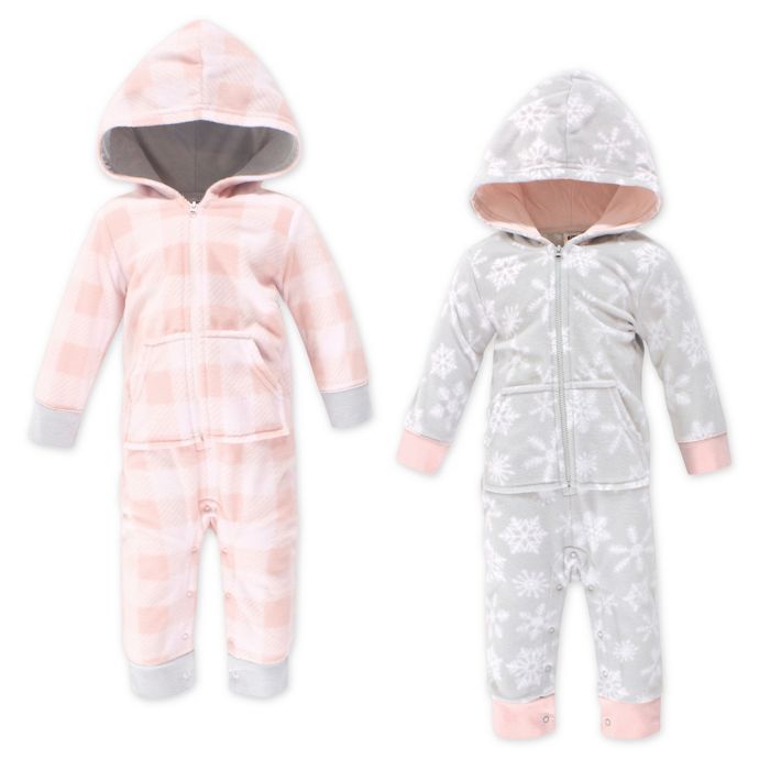 Hudson Baby® 2Pack Hooded Fleece Jumpsuits in Gray/Pink Bed Bath