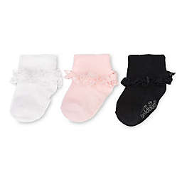 On the Goldbug 3-Pack Cotton Lace Ruffle Socks in White/Black/Pink