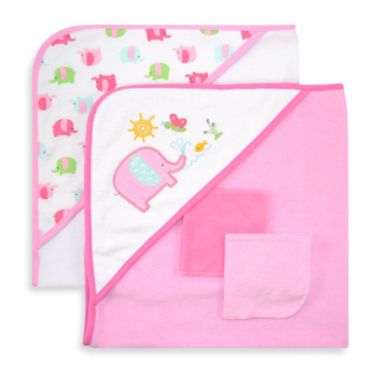 Just Bath by Just Born&trade; Love to Bathe 4-Piece Hooded Towel &amp; Washcloth Set in Pink. View a larger version of this product image.