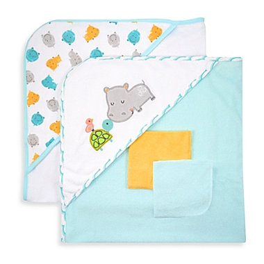 Just Bath by Just Born&trade; Love to Bathe 4-Piece Hooded Towel &amp; Washcloth Set in Aqua. View a larger version of this product image.