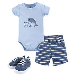 Hudson Baby® Size 0-3M 3-Piece Narwhal Bodysuit, Short and Shoe Set in Blue