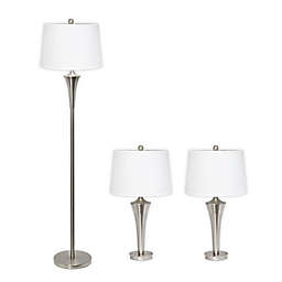 Elegant Designs 3-Piece Tapered Table & Floor Lamp Set in Brushed Nickel with Fabric Shades
