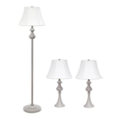 Elegant Designs 3-Piece Table &amp; Floor Lamp Set in Grey with Fabric Shades