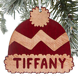 Family Winter Hat Engraved Ornament in Red Wood