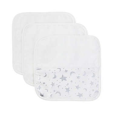 Elegant Baby&reg; 3-Pack Moons &amp; Stars Washcloths in White. View a larger version of this product image.