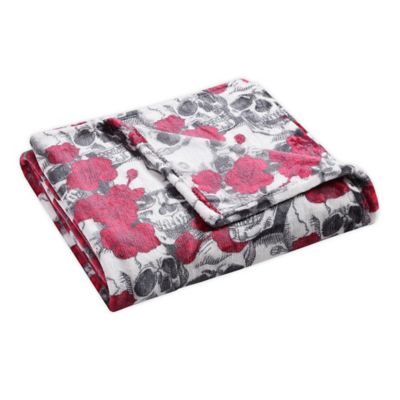 Skulls and Roses Throw Blanket in Pink/Grey