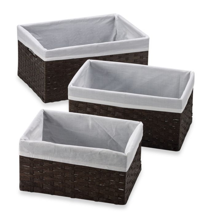 Redmon 3Piece Basket Storage Set with White Liners in Espresso Bed