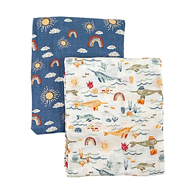 Bebe au Lait&reg; 2-Pack Narwhals and Rainbows Muslin Swaddle Blankets in White/Blue. View a larger version of this product image.