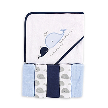 6 Piece Bath Set Baby Boy Infant Hooded Towel Washcloth Blue Whale NEW 