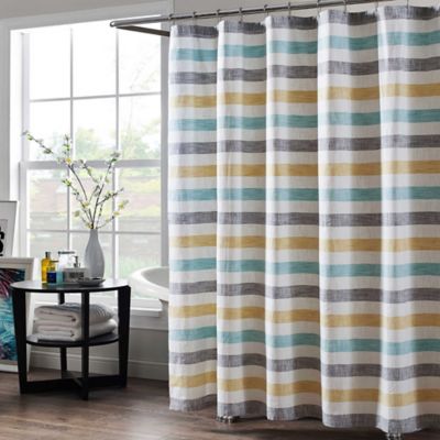 tan and white striped shower curtain