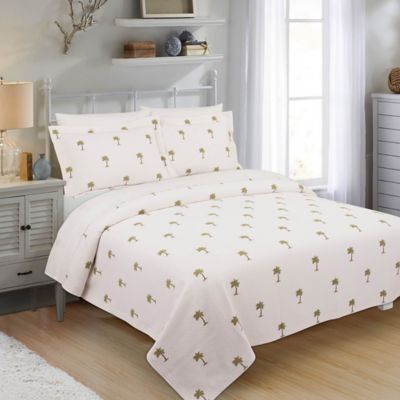 Queen Quilt Set Daisy Stitched Embroidered Ivory Gold Cotton Bedding 