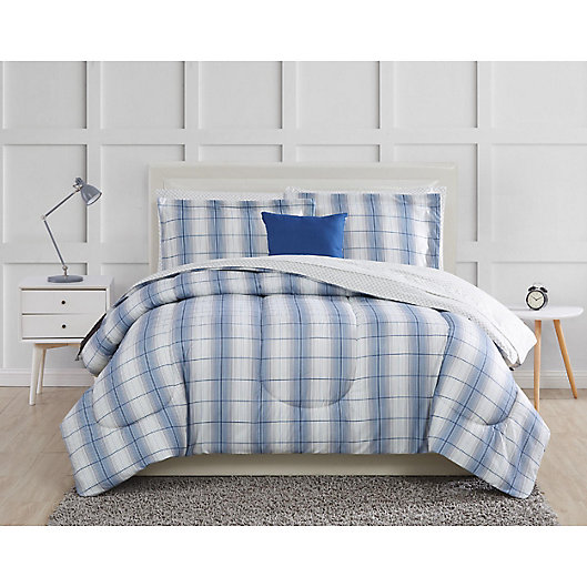 Basics 8-Piece Ultra-Soft Microfiber Bed-In-A-Bag Comforter Bedding Set Full/Queen Navy Oversized Gingham 