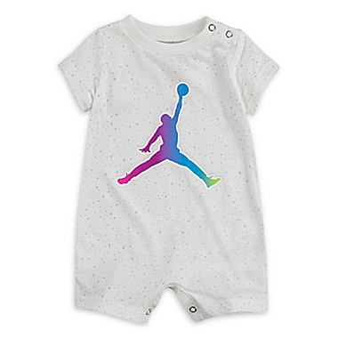 Jordan® Rainbow Logo Sparkle Romper in White | Bed Bath and Beyond Canada