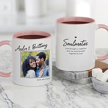 Soulmates Personalized Romantic Photo 11 oz. Coffee Mug in Pink. View a larger version of this product image.