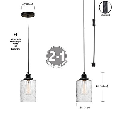 Globe Electric Annecy 1-Light Plug-In or Hardwire Pendant Light in Dark Bronze with Seeded Glass. View a larger version of this product image.