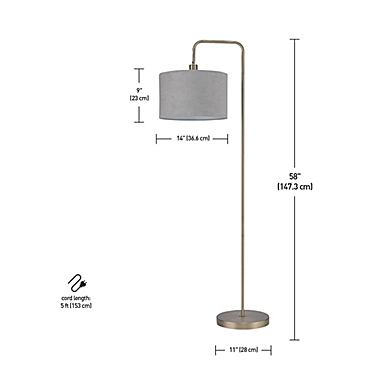 Globe Electric Barden Floor Lamp in Brass with Light Gray Velvet Shade. View a larger version of this product image.