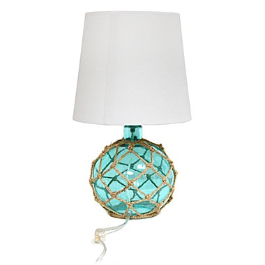 Elegant Designs Buoy Netted Aqua Glass Table Lamp in Aqua with Fabric Lampshade. View a larger version of this product image.