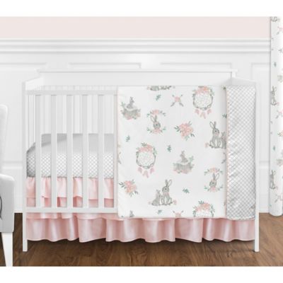 grey and pink crib bedding