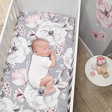 Lambs &amp; Ivy&reg; Botanical Baby Fitted Crib Sheet in Pink/White/Grey. View a larger version of this product image.