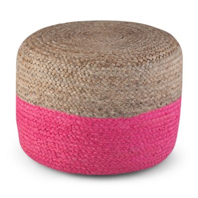 Simpli Home Lydia Braided Jute Round Pouf in Pink/Natural