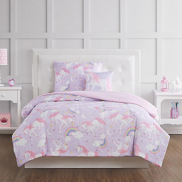 Alternate image 1 for My World Rainbow Unicorn 3-Piece Twin Comforter Set in Purple/Pink