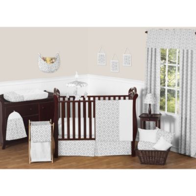 grey and white crib bedding set