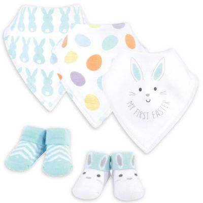 Hudson Baby&reg; Newborn 5-Piece Easter Bib and Sock Set in Blue/White