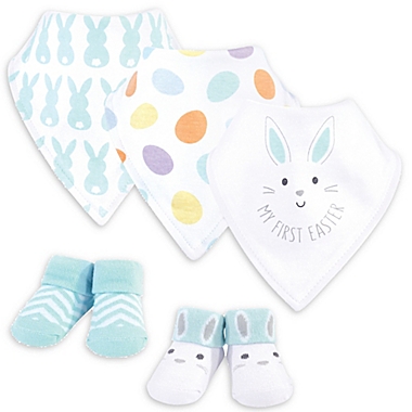 Hudson Baby&reg; Newborn 5-Piece Easter Bib and Sock Set in Blue/White. View a larger version of this product image.