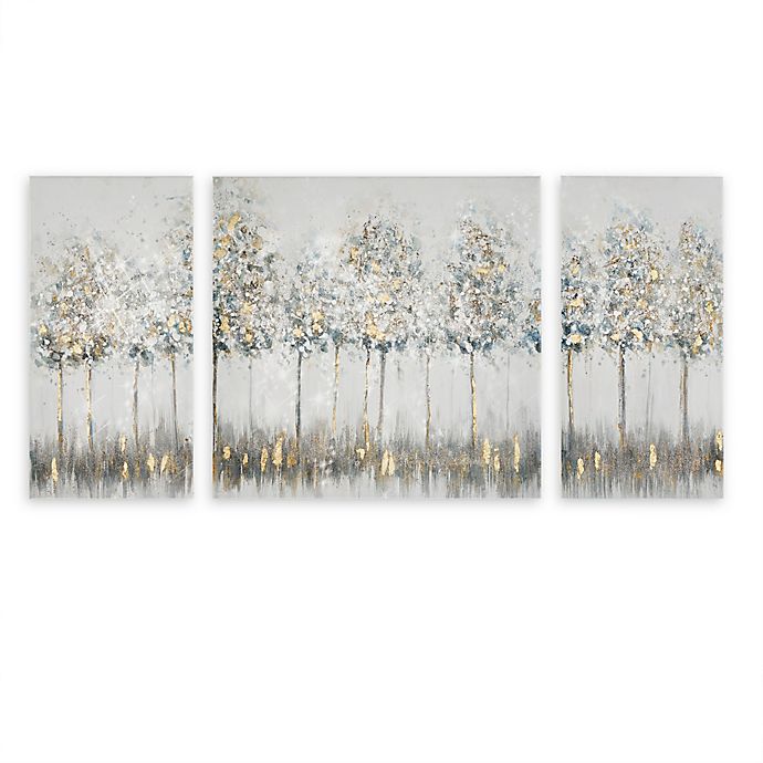 Madison Park Blue Midst Forest Printed Canvas Wall Art With Gold Foil In Blue Multi Set Of 3 Bed Bath Beyond