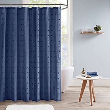 Urban Habitat Brooklyn Cotton Jacquard Pom Pom Shower Curtain in Indigo Blue. View a larger version of this product image.