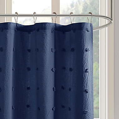 Urban Habitat Brooklyn Cotton Jacquard Pom Pom Shower Curtain in Indigo Blue. View a larger version of this product image.