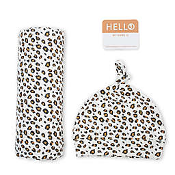 Lulujo Newborn 2-Piece Hello World Leopard Hat and Swaddle Set in Beige