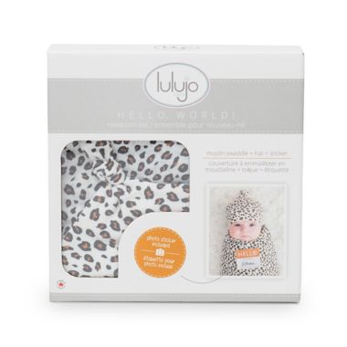 Lulujo Newborn 2-Piece Hello World Leopard Hat and Swaddle Set in Beige. View a larger version of this product image.