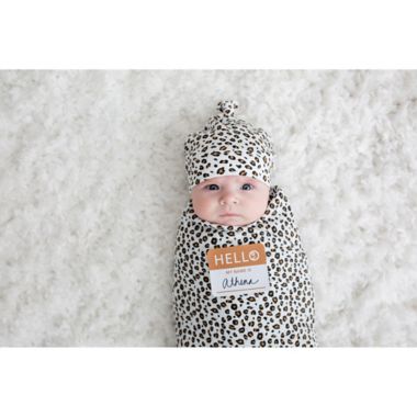 Lulujo Newborn 2-Piece Hello World Leopard Hat and Swaddle Set in Beige. View a larger version of this product image.