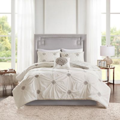 Madison Park Malia 4-Piece Reversible Embroidered King/California King Duvet Cover Set in Grey/Ivory