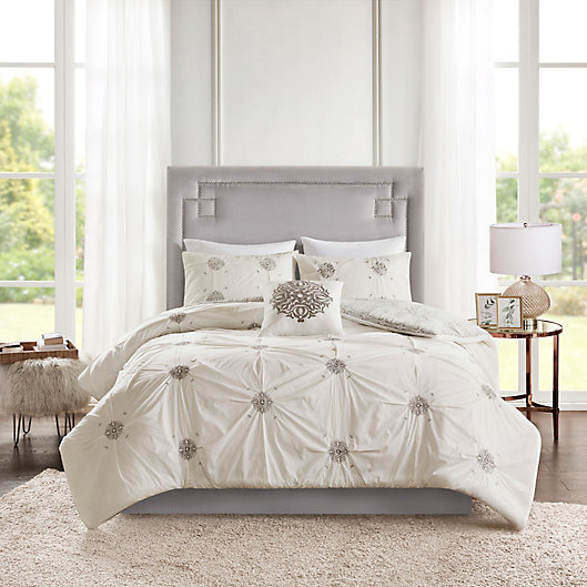Alternate image 1 for Madison Park Malia 4-Piece Reversible Embroidered Full/Queen Duvet Cover Set in Grey/Ivory