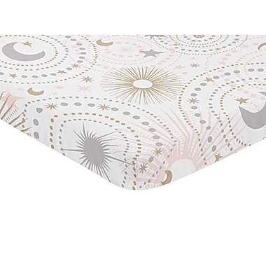 Sweet Jojo Designs Celestial Pink Stars &amp; Moons Print Mini Crib Sheet in Blush/Gold. View a larger version of this product image.