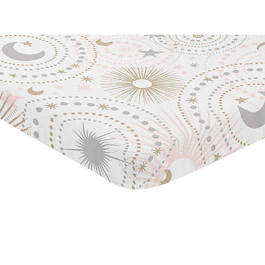 Alternate image 1 for Sweet Jojo Designs Celestial Pink Stars & Moons Print Mini Crib Sheet in Blush/Gold