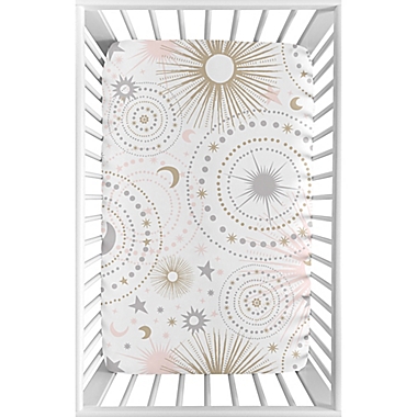Sweet Jojo Designs Celestial Pink Stars &amp; Moons Print Mini Crib Sheet in Blush/Gold. View a larger version of this product image.