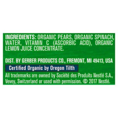 Gerber&reg; 2nd Foods&reg; Organic Pear & Spinach Puree Pouch 3.5 oz.. View a larger version of this product image.