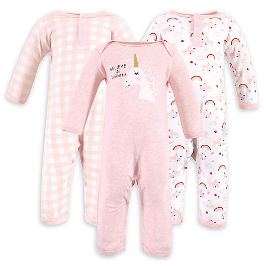 Alternate image 1 for Luvable Friends® Size 12-18M 3-Pack Unicorn Coveralls in Pink