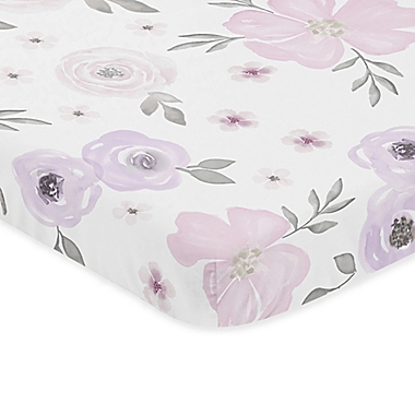 Sweet Jojo Designs Watercolor Floral Microfiber Mini Crib Sheet in Lavender/Grey. View a larger version of this product image.