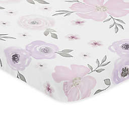 Sweet Jojo Designs Watercolor Floral Microfiber Mini Crib Sheet in Lavender/Grey