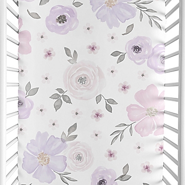 Sweet Jojo Designs Watercolor Floral Microfiber Mini Crib Sheet in Lavender/Grey. View a larger version of this product image.