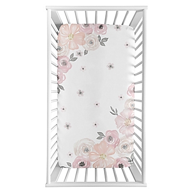 Sweet Jojo Designs Watercolor Floral Corner Floral Crib Sheet in Pink/Grey. View a larger version of this product image.