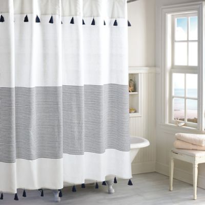 Peri Home Panama Stripe Shower Curtain, White Shower Curtain With Tassels