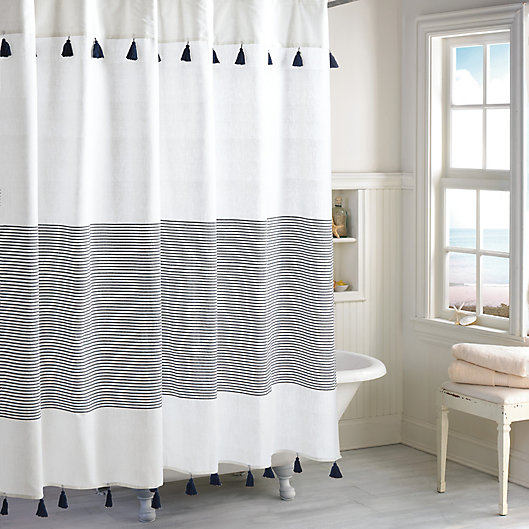Alternate image 1 for Peri Home Panama Stripe Shower Curtain in White/Navy